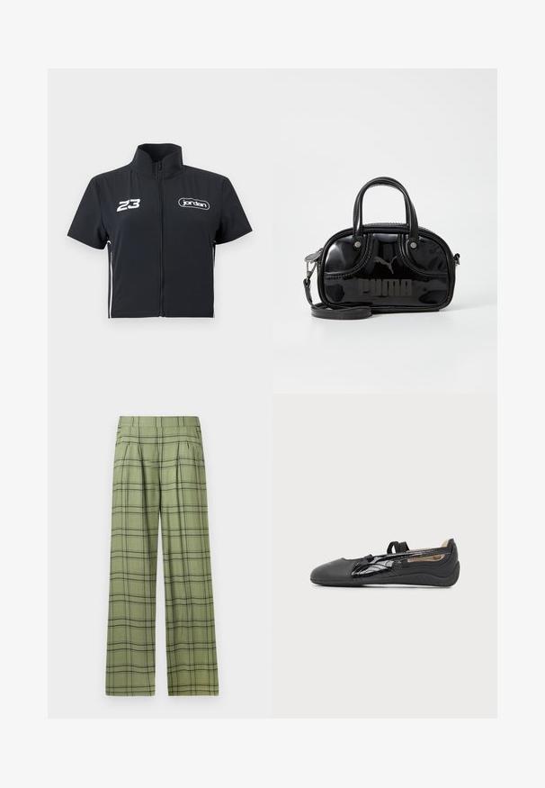 Chaqueta negra de manga corta con cremallera, cuello alto, "23" blanco en el pecho izquierdo y logo "jordan" en el pecho derecho.; Pantalones de pierna ancha en verde con un patrón de cuadros en negro, cintura alta, pliegues frontales y bolsillos laterales.; Zapato plano negro de tipo slip-on con tira elástica, punta lisa y detalle lateral brillante, mostrado de perfil sobre un fondo neutro.; Bolso de mano de charol negro con dos asas superiores, correa para el hombro desmontable, forma redondeada y destacado logo en relieve de "PUMA".