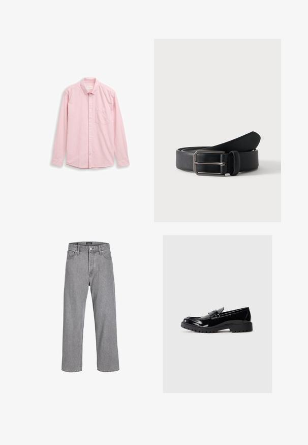 Rød- og hvidstribet langærmet skjorte med knapkrave, enkelt brystlomme og hvide knapper. Stoffet er glat med en diskret tekstur.; Grå denimbukser med en afslappet, løs pasform. Har et traditionelt fem-lomme design og en knaplukning i taljen.; Sneakers i sort patentlæder med rund tå, dekorativ rem og kraftig gummisål med dybe treads til traction.; Sort læderbælte rullet med rektangulært sølvfarvet metalspænde på en ensartet lys baggrund.