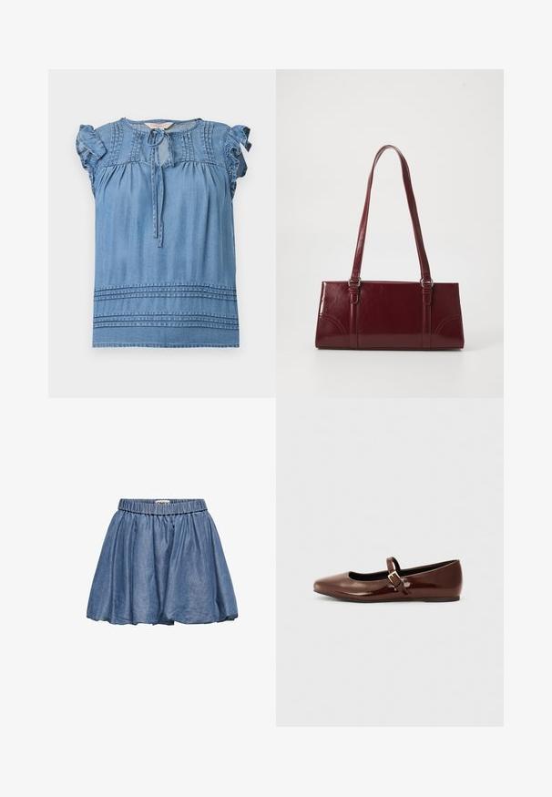 Blauwe mouwloze blouse met gerimpelde schouders, pintuck-details bij de halslijn en zoom, en een striksluiting aan de voorkant.; Denim rok met een elastische tailleband, uitlopende ontwerp en een lichtblauwe kleur. Heeft een zachte textuur en geplooide stof.; Bruine gepatineerde leren balletschoen met een vierkante neus en een bandje met een kleine gouden gesp. Gladde textuur, lage hak en minimalistisch ontwerp.; Bourgondische handtas van glanzend materiaal, rechthoekige vorm, met twee schouderbanden en subtiele gebogen accenten aan de voorkant.
