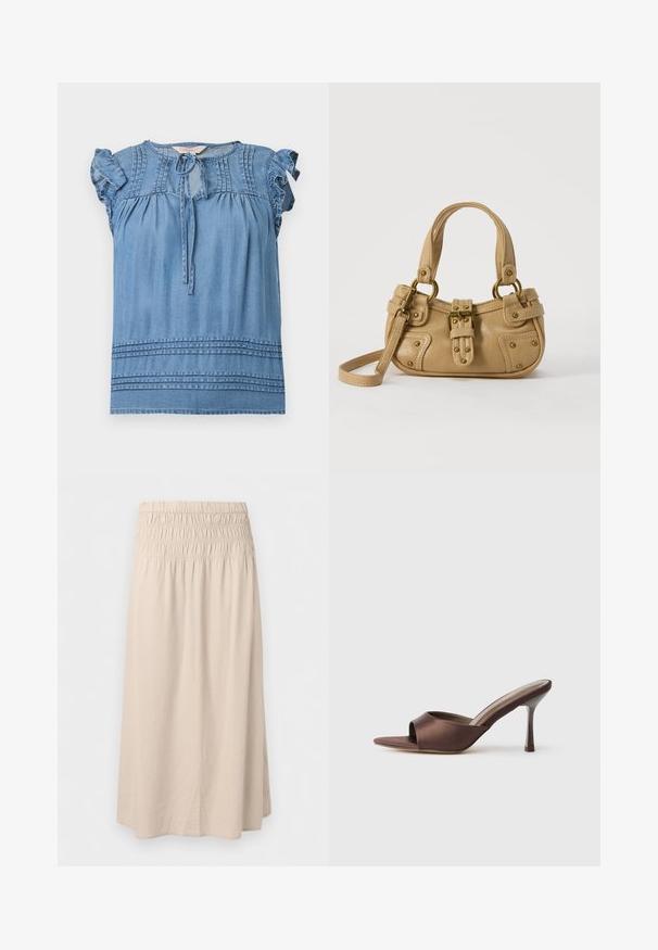 Blouse bleue sans manches avec épaules à volants, détails plissés près de l'encolure et de l'ourlet, et fermeture à nouer sur le devant.; Jupe beige longueur genou avec taille élastique froncée et tissu droit légèrement fluide.; Mule en satin marron à bout ouvert avec un talon fin de hauteur moyenne et une conception à enfiler sur fond blanc uni.; Sac à main en cuir beige avec double poignées, boucle en laiton et détails rivetés, ainsi qu'une bandoulière réglable sur fond blanc.