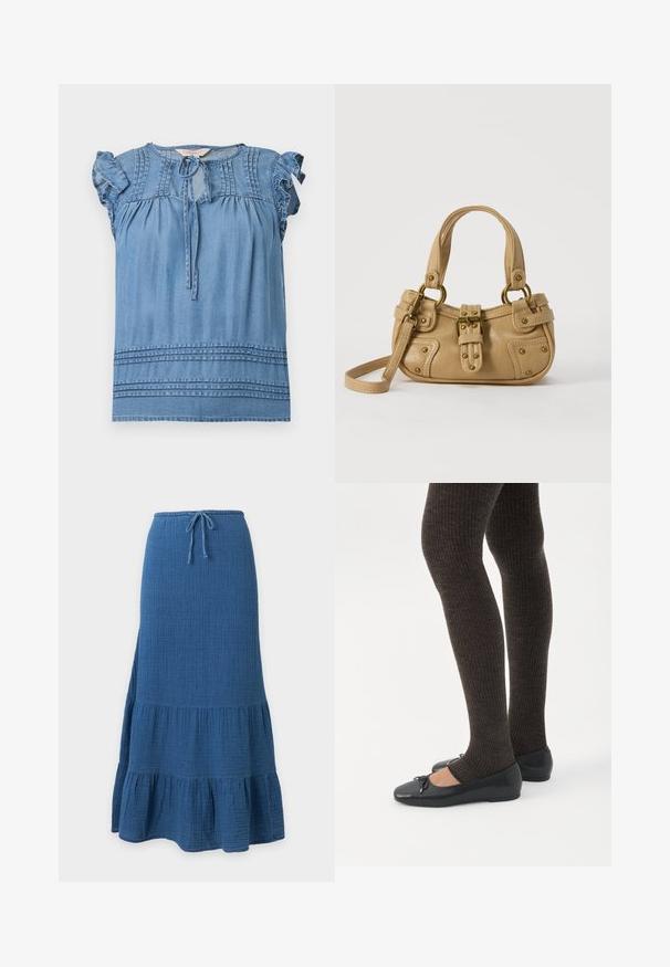 Blouse bleue sans manches avec épaules à volants, détails plissés près de l'encolure et de l'ourlet, et fermeture à nouer sur le devant.; Jupe longue bleue avec ourlet à volants superposés et taille à cordon en tissu texturé.; Jambes portant des leggings côtelés foncés associés à des ballerines noires avec de petits détails en nœud sur fond blanc.; Sac à main en cuir beige avec double poignées, boucle en laiton et détails rivetés, ainsi qu'une bandoulière réglable sur fond blanc.