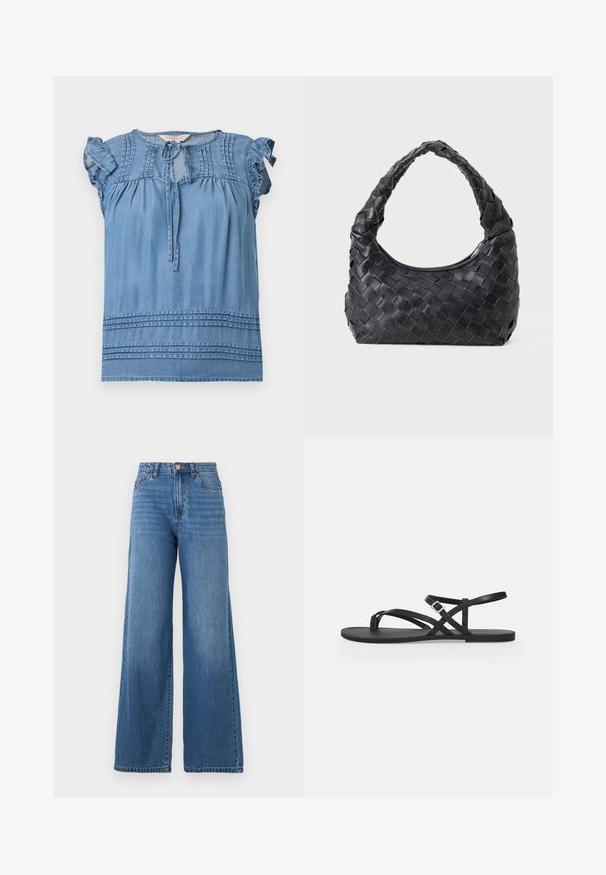 Blå ærmeløs bluse med flæser på skuldrene, fine læg nær halsudskæringen og kanten samt bindebånd foran.; Blå højtaljede vidde jeans med forlommer, bæltestropper, knaplukning og lynlås.; Sort flad sandal med tynde stropper, tåloop og justerbar spænnelukning ved anklen på en ensartet lysegrå baggrund.; Sort læder vævet skuldertaske med et afrundet håndtag og en halvmåneformet krop på en ensfarvet baggrund.