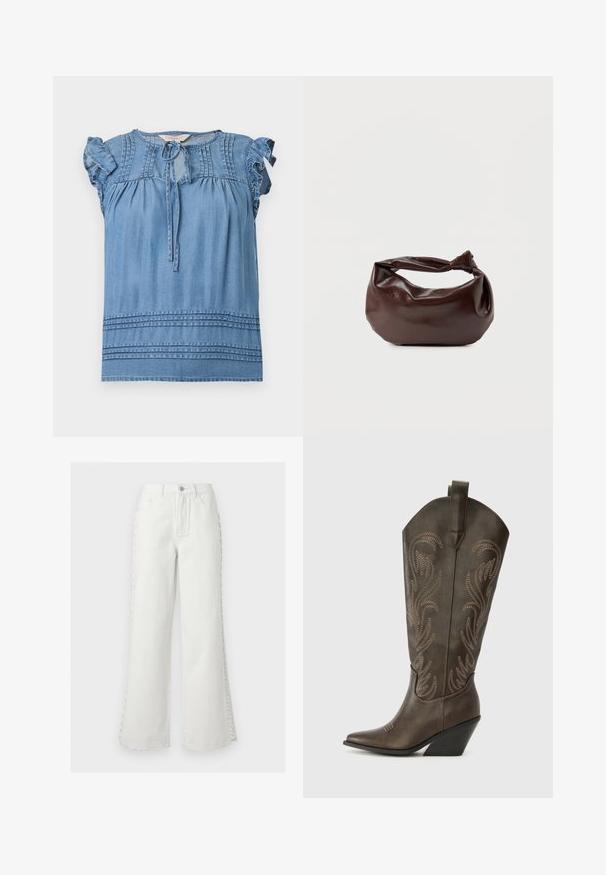 Blå ærmeløs bluse med flæser på skuldrene, fine læg nær halsudskæringen og kanten samt bindebånd foran.; Hvide jeans med høj talje og vide ben, foran lommer, bæltestropper, knaplukning og dekorativ snøredetalje på siderne af begge ben.; Brune læder cowboystøvle med spids tå, kilehæl og dekorativ broderi. Har en høj stok og en trækflap.; Mørkebrun læder skuldertaske med en blød, afslappet form og et snoet knudehåndtag på en ensartet hvid baggrund.