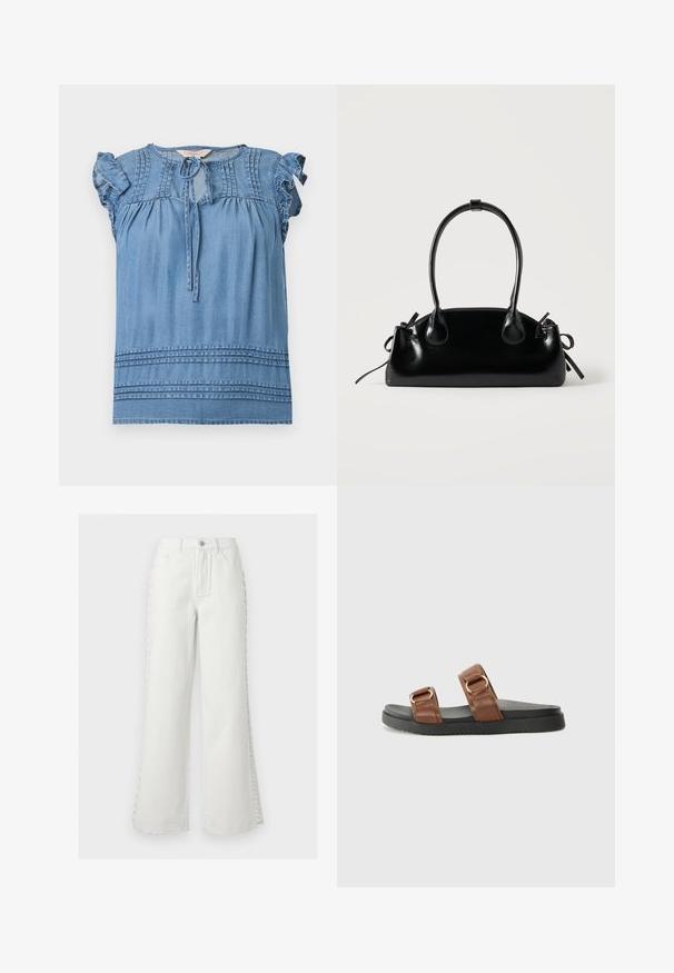Blouse bleue sans manches avec épaules à volants, détails plissés près de l'encolure et de l'ourlet, et fermeture à nouer sur le devant.; Jeans blancs taille haute à jambes larges avec poches avant, passants pour ceinture, fermeture par bouton, et détail décoratif de laçage sur les côtés des deux jambes.; Des sandales en cuir marron à glisser présentent deux larges lanières avec du matériel doré, reposant sur une semelle en caoutchouc noir texturé.; Petit sac à main noir brillant avec deux longues anses et des détails à cordon sur les côtés sur un fond clair uni.