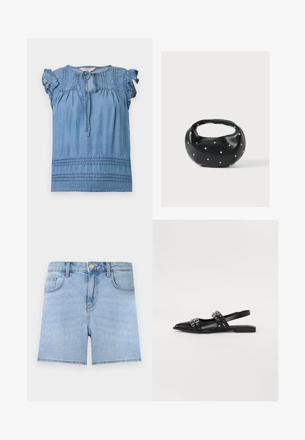 Blouse bleue sans manches avec épaules à volants, détails plissés près de l'encolure et de l'ourlet, et fermeture à nouer sur le devant.; Short en jean bleu clair avec bouton à l'avant, fermeture éclair, passants de ceinture et design cinq poches sur un fond uni.; Even&Odd by Zalando Ballerines à brides arrière - black; Sac à main en cuir noir de forme arrondie, décoré de clous argentés et équipé d'une poignée courte. Texture lisse et fermeture éclair.