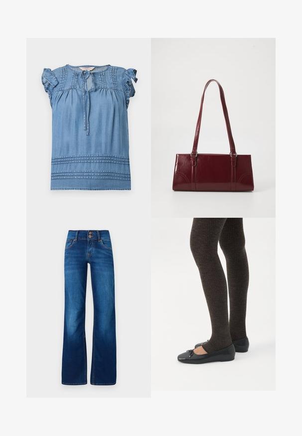 Blusa azul sin mangas con hombros con volantes, detalles de pliegues cerca del escote y dobladillo, y cierre delantero con lazo.; Jeans de pernera ancha en denim azul, con dos botones frontales, costuras naranjas y una textura suave. Diseño clásico de cinco bolsillos.; Piernas con leggings oscuros acanalados combinados con bailarinas negras que presentan pequeños detalles de lazo sobre un fondo blanco.; Bolso burdeos hecho de material brillante, de forma rectangular, con dos asas para el hombro y sutiles acentos curvados en la parte frontal.