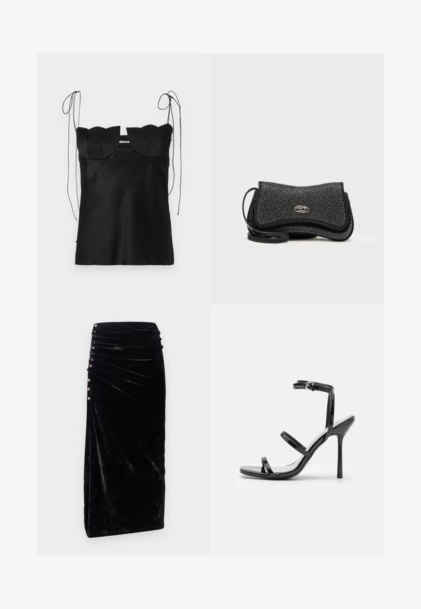 Sort ærmeløs top med en bølget halsudskæring, lavet af glat stof. Har justerbare skulderbånd og et enkelt, tætsiddende design.; Rabanne Pencil skirt - black; Sorte patentlæder højhælede sandaler med tre horisontale stropper og en justerbar ankelstrop. Elegant silhuet og skinnende finish.; Sort skuldertaske lavet af tekstureret materiale med et krøllet design, sølvfarvet hardwaredetalje og en justerbar rem.