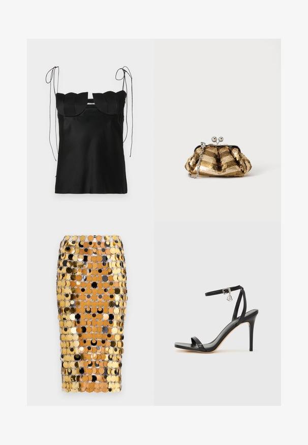 Sort ærmeløs top med en bølget halsudskæring, lavet af glat stof. Har justerbare skulderbånd og et enkelt, tætsiddende design.; Rabanne Pencil skirt - brown/black; Sort hæl-sandal med smal ankrem, firkantet tå-boks, glat lædermateriale og metalspænde som pynt.; Lille guldsyning clutch taske med sølvspænde og kort sølvkæde håndtag på ensartet lys baggrund.