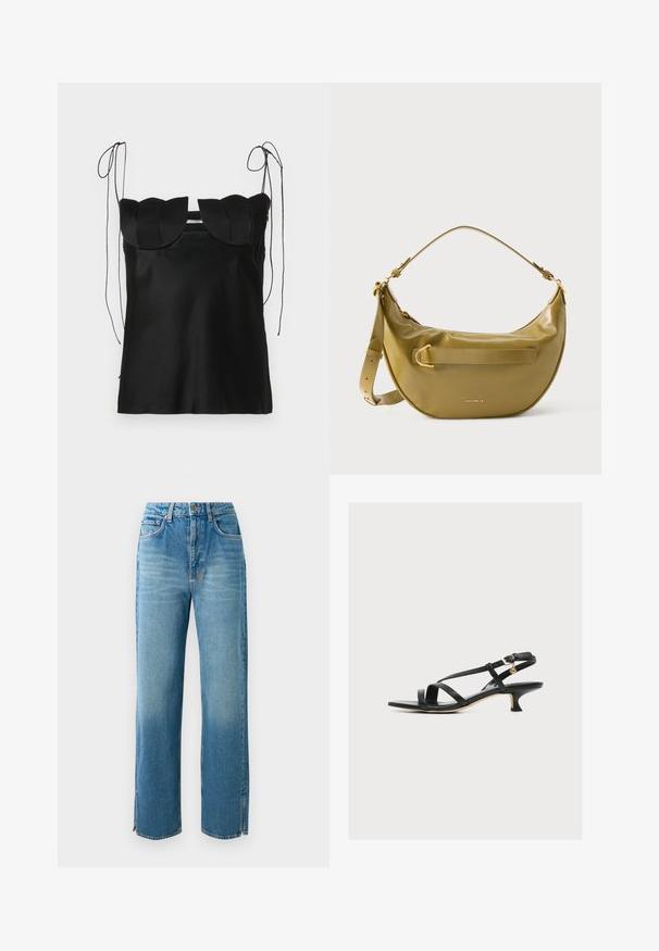 Sort ærmeløs top med en bølget halsudskæring, lavet af glat stof. Har justerbare skulderbånd og et enkelt, tætsiddende design.; Lys blå denim jeans med høj talje, lige ben og slidser i kanten. Har et traditionelt fem-lomme design og knaplukning.; Sort damesandal i læder med tynde krydsede stropper, lav kittenhæls og lille guldbeklædt spænde på ankremmen.; Olivengrøn læderhåndtaske med en buet form, justerbar rem, guldfarvede metaldetaljer og en lynlåslomme foran.