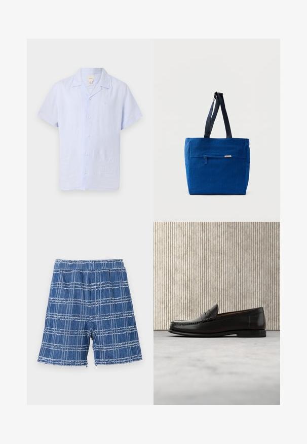 Lichtblauw overhemd met korte mouwen, knoopsluiting, campkraag en subtiel borstlogo tegen een effen achtergrond.; Denim shorts met een rafelig zoom, met een blauw geruit patroon. Elastische tailleband, recht модел en zachte textuur.; Zwarte leren penny loafer met lage hak, afgeronde neus en gestikte details langs de voorkant en zijkanten, afgebeeld op een neutrale achtergrond.; Blauwe canvas boodschappentas met een voorvak met rits, dubbele schouderbanden en een rechthoekige vorm. Heeft een subtiel merklabel.