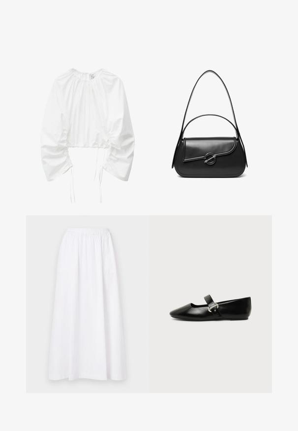 Blouse blanche courte avec manches longues bouffantes, encolure élastiquée froncée et fronces ajustables avec liens sur les côtés et les manches.; Jupe blanche, longueur genou, avec une taille élastique, présentant un design simple et un tissu léger, exhibant une texture lisse et unie.; Chaussure plate Mary Jane en cuir noir avec bout arrondi et bride à boucle argentée sur fond uni.; Sac à bandoulière en cuir noir avec un rabat incurvé fermé par un fermoir métallique rond et une sangle fine et ajustable.