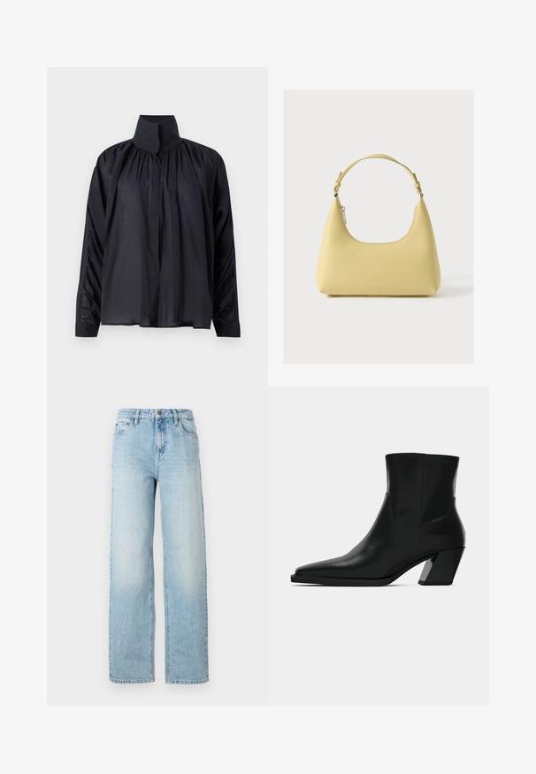 Zwarte blouse met lange mouwen, hoge kraag en geplooide details. Gemaakt van een lichte, gestructureerde stof met zachte draping.; Lichtblauwe denim wijdpijpen jeans met een klassiek vijfvak ontwerp, knoopsluiting en subtiele vervaging voor textuur.; Zwarte leren enkelboot met een spitse neus, een slanke silhoeet en een chunky vierkante hak. Gladde textuur met minimale stikdetails.; Gele leren handtas met een gebogen silhouet, korte verstelbare band en een vak met ritssluiting. Heeft een subtiel logo aan de voorkant.
