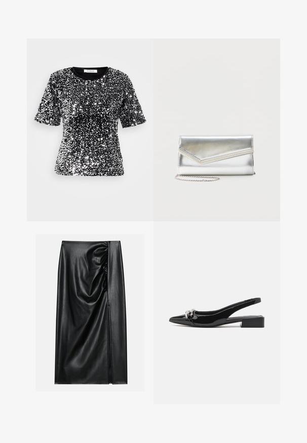 T-shirt noir à manches courtes recouvert de paillettes argentées brillantes, avec un col rond et une finition textile lisse. Étiquette visible au niveau du col.; Jupe en cuir noir avec une texture lisse, présentant une section froncée sur un côté et une fente sur le côté pour un détail supplémentaire.; Chaussure slingback en cuir verni noir avec un bout pointu, un petit talon carré et un détail en métal argenté à l'avant.; Pochette argentée brillante avec rabat style enveloppe et garniture décorative, petite bandoulière chaîne argentée, sur fond clair uni.