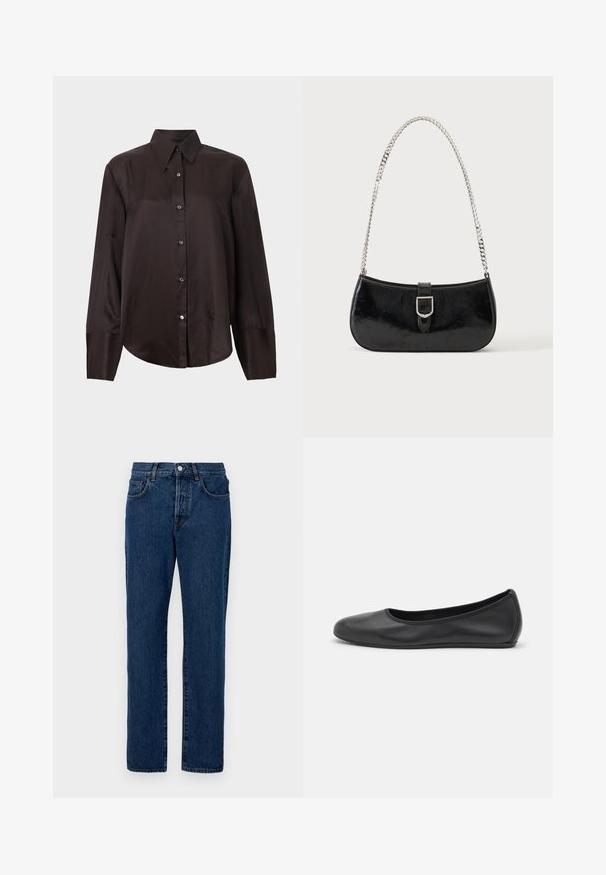 Donkerbruin lang mouwen shirt gemaakt van gladde stof, met een puntige kraag, knopen aan de voorkant en een afgeronde zoom. Zilveren knopen accentueren de voorkant.; Donkerblauwe denim jeans met een klassieke rechte pijp, vijf zakken en zichtbare stiksels. De stof heeft een lichte textuur.; Zwarte leren ballerina met een ronde neus, gladde textuur, minimale stikdetails en een flexibele zoolontwerp.; Zwarte lakleren schoudertas met een zilveren gespdetail en een zilveren kettingriem, getoond tegen een effen lichte achtergrond.