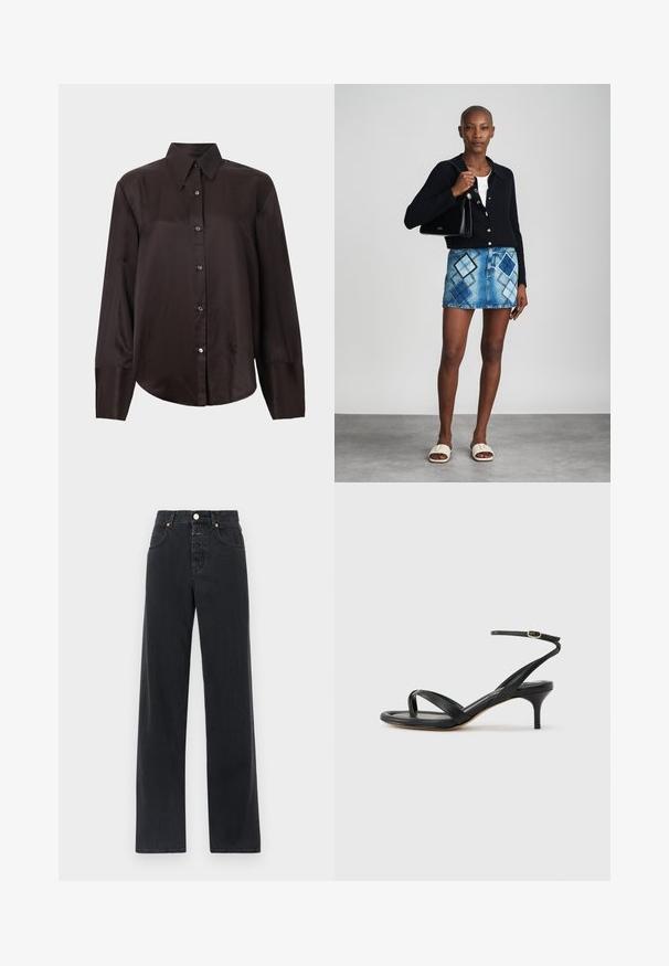 Chemise à manches longues marron foncé en tissu lisse, avec col pointu, fermeture boutonnée à l'avant et ourlet arrondi. Boutons argentés ornent l'avant.; Jean en denim noir avec taille haute, coupe droite, design à cinq poches, coutures visibles et fermeture à bouton en métal.; Sandale pour femme en cuir noir avec fines lanières, une boucle d'orteil, une boucle à la cheville et un talon aiguille de hauteur moyenne sur un fond neutre.; Un cardigan en maille noir, un haut blanc, une jupe en denim avec un motif de diamants bleus et noirs, un sac à main noir et des sandales à enfiler beiges.