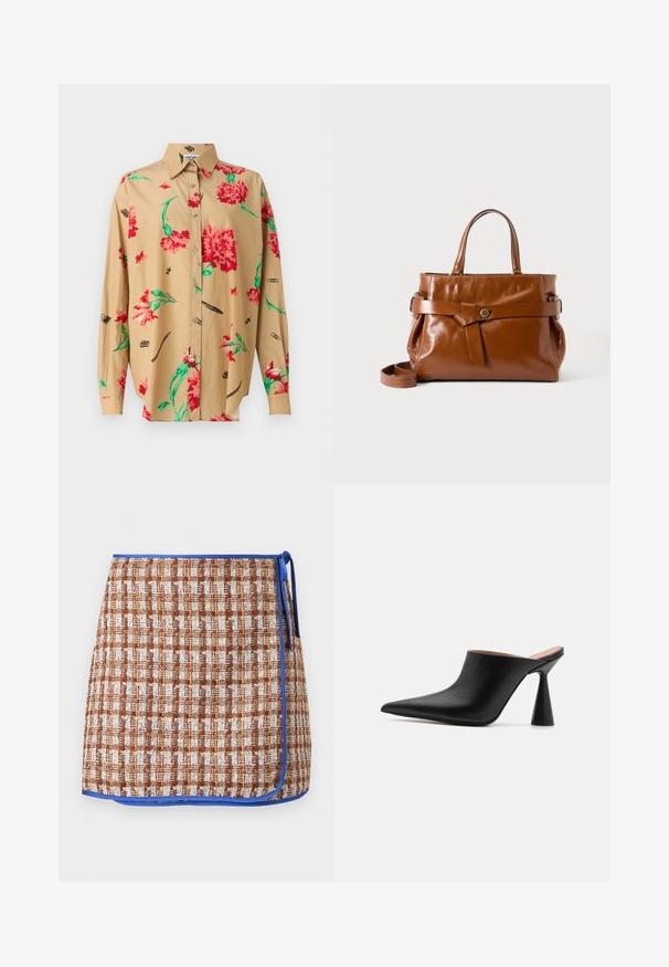Beige Langarmhemd mit Button-Down-Kragen. Verfügt über ein rot-grünes Blumenmuster und verschiedene schwarze Skizzen, darunter Stifte und Klammern.; Gewebter Wickelrock im braun-weißen Karomuster mit blauen Akzenten. Verfügt über eine seitliche Schnürung und strukturierter Stoff für zusätzliche Details.; Schwarze Leder-Mules mit spitzem Zehenbereich und einzigartigem kegelförmigem Absatz. Glatte Textur und minimalistisches Design, offener Rücken für einfaches Anziehen.; Braune Lederhandtasche mit zwei Griffen, einem umlaufenden Riemen, der durch einen goldenen Knopf gesichert ist, und einem abnehmbaren Schulterriemen vor weißem Hintergrund.