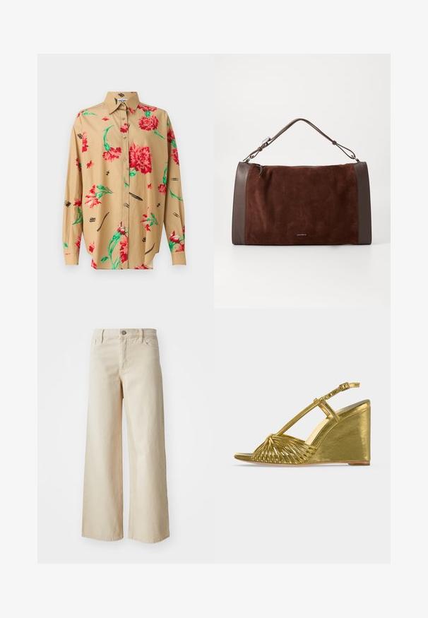Beige overhemd met lange mouwen en een button-down kraag. Bevat een rood en groen bloemenpatroon en verschillende zwarte schetsen, waaronder pennen en paperclips.; Beige wijdvallende jeans van denim, met een hoge taille, knoopsluiting, riemlussen en zijzakken. Gladde textuur en relaxed fit.; Gouden sleehaksandaal met open teen, gevlochten bandjes over de voorkant en een verstelbare enkelband op een effen lichte achtergrond.; Bruine suède tas met gladde bruine leren accenten, voorzien van een handvat aan de bovenkant, ritssluiting en een schoon, minimalistisch ontwerp.