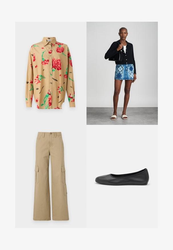 Chemise beige à manches longues avec un col boutonné. Présente un motif floral rouge et vert ainsi que divers croquis noirs, y compris des stylos et des clips.; Pantalons cargo beiges à jambes larges, dotés de deux poches à rabat sur les côtés, d'une fermeture à bouton et d'un tissu en coton lisse.; Ballerines en cuir noir avec un bout rond, texture lisse, détails de couture minimalistes et design de semelle flexible.; Un cardigan en maille noir, un haut blanc, une jupe en denim avec un motif de diamants bleus et noirs, un sac à main noir et des sandales à enfiler beiges.