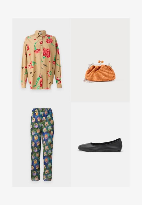 Beige overhemd met lange mouwen en een button-down kraag. Bevat een rood en groen bloemenpatroon en verschillende zwarte schetsen, waaronder pennen en paperclips.; Bloemmotief broek met een geribbelde textuur, elastische tailleband en een groene, blauwe achtergrond met kleurrijke bloemenpatronen doorheen.; Zwarte leren ballerina met een ronde neus, gladde textuur, minimale stikdetails en een flexibele zoolontwerp.; Kleine oranje geweven clutch met zilverkleurig metalen frame, ronde sluiting en een zilveren kettingriem op een witte achtergrond.