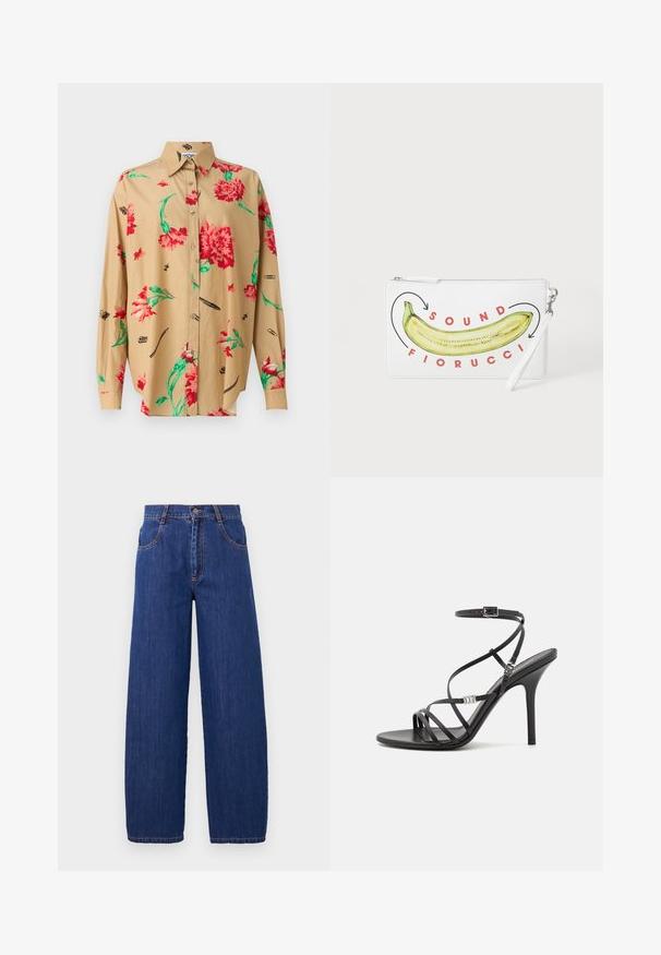Beige Langarmhemd mit Button-Down-Kragen. Verfügt über ein rot-grünes Blumenmuster und verschiedene schwarze Skizzen, darunter Stifte und Klammern.; Weite blaue Denim-Jeans mit hoher Taille, vorne mit Taschen und orangefarbener Naht. Der Stoff hat eine glatte Textur mit einem klassischen Finish.; Schwarze High-Heel-Sandale mit dünnen Riemen, einem Knöchelverschluss, einer glatten Lederoberfläche und einem schlanken Stiletto-Absatz.; Weiße Clutch-Geldbörse mit einer gelben Bananenillustration und rotem Text "SOUND FIORUCCI" auf der Vorderseite sowie einem silbernen Reißverschluss.