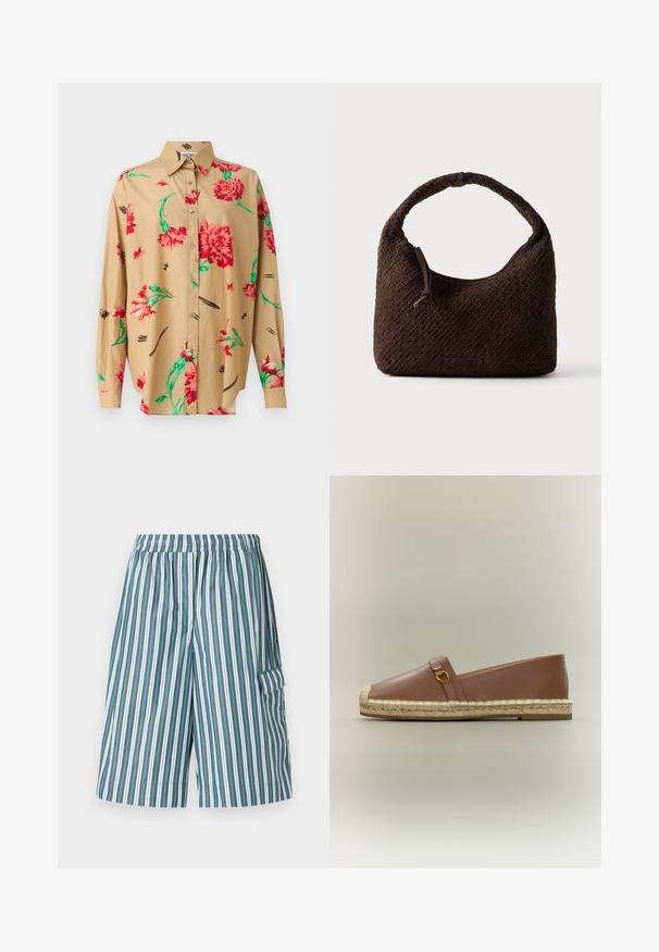 Beige langærmet skjorte med knapkrave. Har et rødt og grønt blomster mønster og forskellige sorte skitser, herunder penne og klips.; Stribede shorts med elastisk talje, der har skiftende grønne, hvide og blå lodrette striber, samt en sidelomme. Letvægtsstof.; Brun læder slip-on espadrille med flettet jutesål og lille guldbeslag på overdelen, vist på neutral baggrund.; Brun flettet håndtaske med rundt håndtag, lavet af tekstureret materiale. Har lynlås lukning og en lille logo detalje.