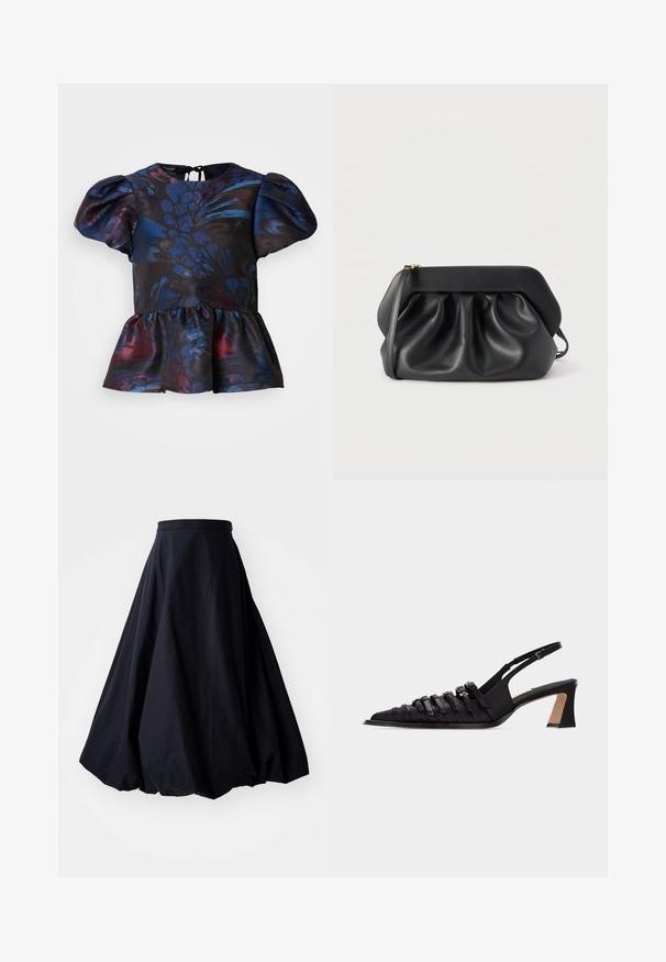 Scotch & Soda CAP SLEEVE WITH PEPLUM - Blouse - pheasant; By Malene Birger AUBREY - Jupe longue - black; Escarpin slingback noir en cuir avec bout pointu, plusieurs brides à l'avant, une boucle ajustable à la cheville et un talon carré.; Pochette en cuir noir avec une structure rigide, des détails froncés et une fine lanière de poignet sur fond blanc.