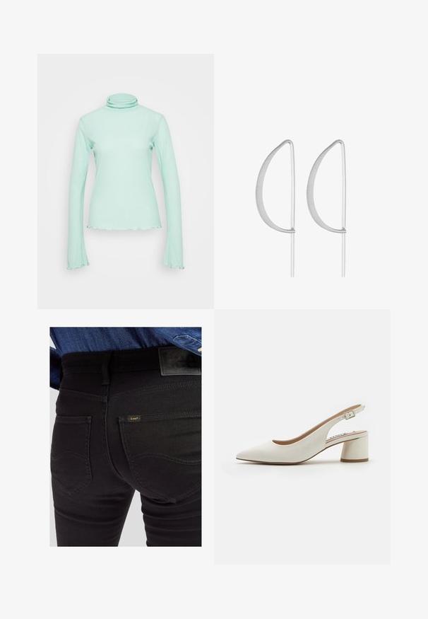 Mads Nørgaard HARTHA TOP - Langarmshirt - cabbage; Nahaufnahme einer Person, die schwarze Lee-Jeans mit sichtbaren Gesäßtaschen, Gürtelschlaufen und einem in die Hose gesteckten blauen Denimhemd trägt.; Weiße Leder Slingback-Pumps mit spitzem Zehenbereich, mittelhohem Blockabsatz und verstellbarem Riemen. Sanfte Textur; minimalistisches Design.; Silberne Ohrringe aus Metall mit einem minimalistischen geschwungenen Design, das verlängerte, offene Tropfenformen mit einer matten Oberfläche aufweist.