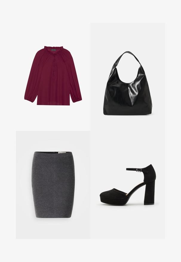 Bordeaux bluse med lange pufærmer, en flæset halsudskæring og knaplukning foran. Blødt, letvægtigt stof med en glat tekstur.; Grå uld blyantskirt med en glat tekstur og tætsiddende design, med en diskret talje og uden synlige udsmykninger.; Sorte ruskinds platform hæle med en tyk blokhæl, rund tå og ankelrem fastgjort med en metalspænde. Glat tekstur hele vejen igennem.; Sort læder hobo taske med en blød, skinnende tekstur og en rund, åben top. Har en bred, buet strop til bæring. Ingen synlig hardware.