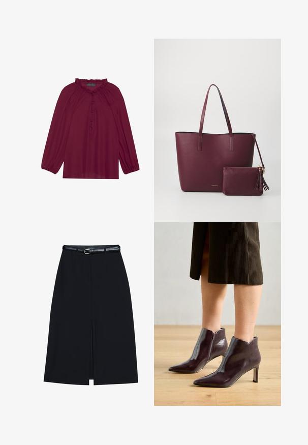 Bordeaux blouse met lange poefmouwen, een gerimpelde halslijn en een knoopsluiting aan de voorkant. Zachte, lichte stof met een gladde textuur.; Zwarte knie-lange rok met een vooraanstaande split, gemaakt van gladde stof. Heeft een dunne zwarte riem met een zilveren gesp en riemlussen.; Bordeaux leren enkel laarzen met een spitse neus en slanke hak. Beschikt over een zijrits en een gladde, glanzende textuur.; Bordeaux vegan leren schoudertas met twee stevige handvatten, voorzien van een bijpassend ritszakje met kwastaccent. Gladde, gestructureerde afwerking.