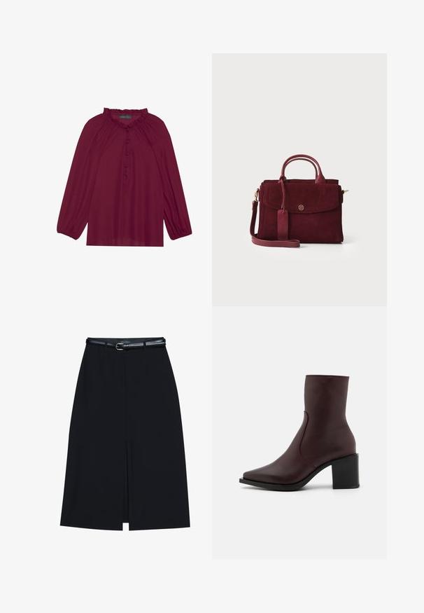 Blouse bordeaux avec de longues manches bouffantes, un col froncé et une fermeture à boutons. Tissu doux et léger avec une texture lisse.; Jupe noire à mi-cuisse avec une fente frontale, fabriquée en tissu lisse. Comprend une fine ceinture noire avec une boucle en argent et des passants.; Zign by Zalando LEATHER - Bottines - bordeaux; Sac à main en daim bordeaux avec un design structuré, des poignées supérieures, une bandoulière amovible et une fermeture avant à rabat ornée d'un accent doré.