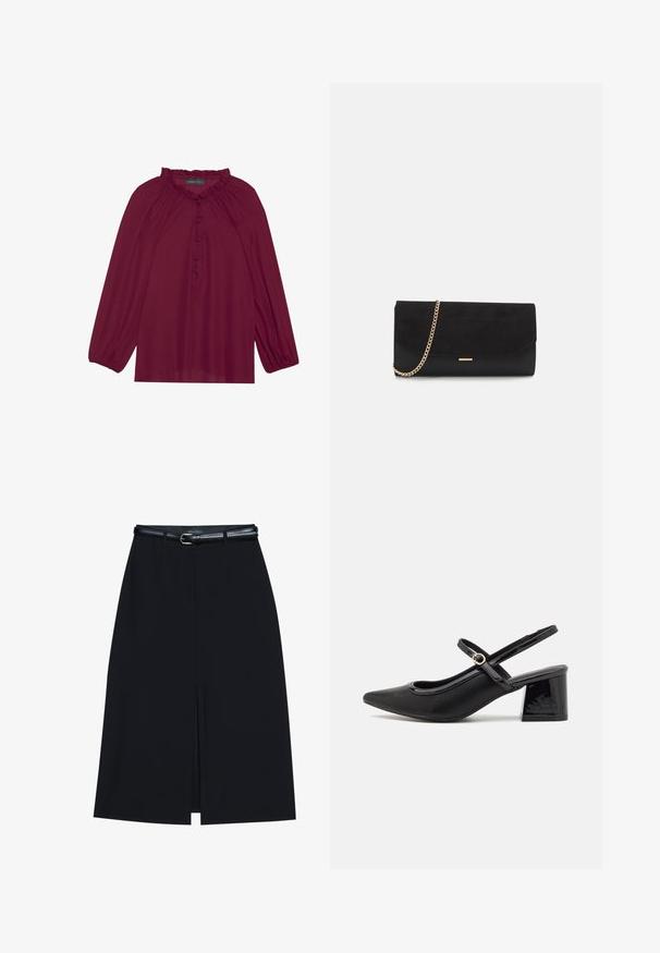 Bordeaux blouse met lange poefmouwen, een gerimpelde halslijn en een knoopsluiting aan de voorkant. Zachte, lichte stof met een gladde textuur.; Zwarte knie-lange rok met een vooraanstaande split, gemaakt van gladde stof. Heeft een dunne zwarte riem met een zilveren gesp en riemlussen.; Zwarte gepolijste leren slingback hakken met een spitse neus, een ronde uitsnede en een blokhak. Voorzien van een gouden gespaccent.; Zwarte clutch tas gemaakt van suede met een textuurafwerking, voorzien van een gouden schouderband en een strakke, hoekige vorm.