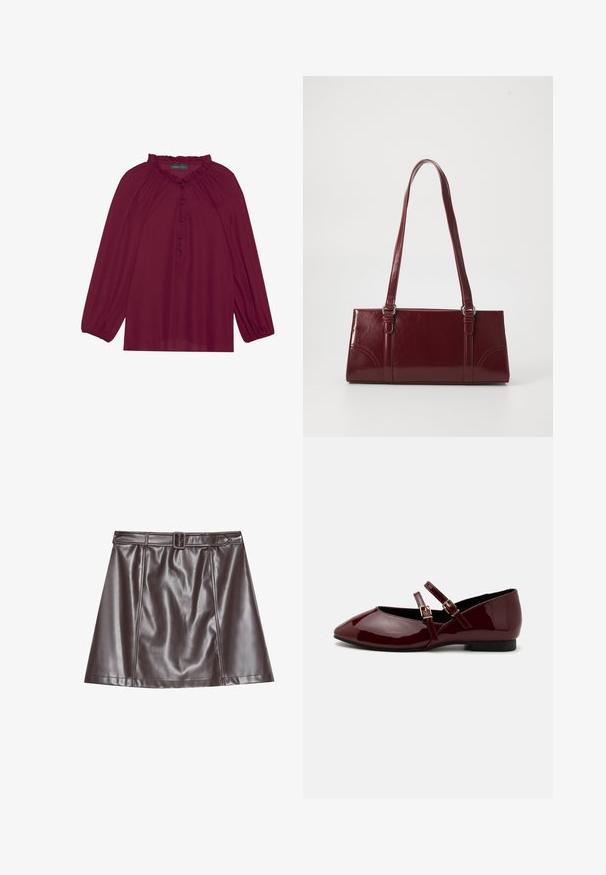 Blouse bordeaux avec de longues manches bouffantes, un col froncé et une fermeture à boutons. Tissu doux et léger avec une texture lisse.; Mini-jupe en cuir synthétique brun avec une taille ajustée, une grande boucle de ceinture et des plis subtils, présentant une texture lisse et brillante.; Anna Field Babies - dark red; Sac à main bordeaux en matériau brillant, de forme rectangulaire, avec deux anses et des accents légèrement courbés à l'avant.