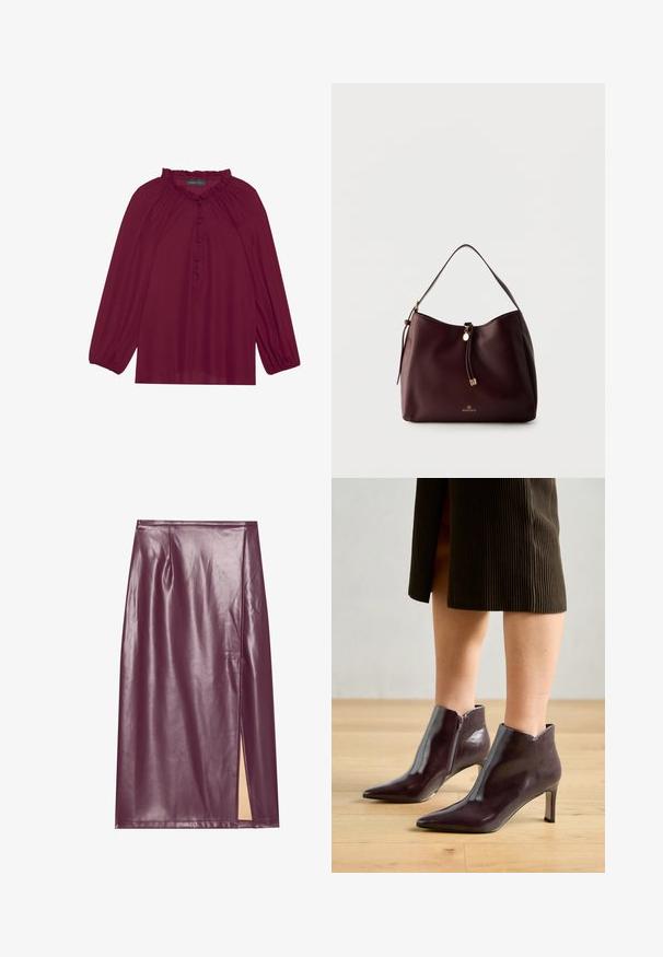 Bordeaux blouse met lange poefmouwen, een gerimpelde halslijn en een knoopsluiting aan de voorkant. Zachte, lichte stof met een gladde textuur.; Bordeaux faux leren kokerrok met een zijsplits, een gladde textuur en naaddetail. De rok heeft een aansluitende silhoeët en een knie-lange lengte.; Bordeaux leren enkel laarzen met een spitse neus en slanke hak. Beschikt over een zijrits en een gladde, glanzende textuur.; Donkerbruine leren schoudertas met gevlochten kwastje, gouden accenten en het Anna Field-logo aan de voorkant tegen een effen lichte achtergrond.
