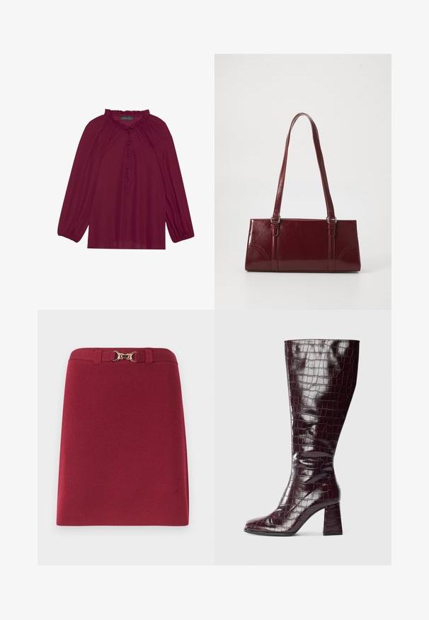 Bordeaux blouse met lange poefmouwen, een gerimpelde halslijn en een knoopsluiting aan de voorkant. Zachte, lichte stof met een gladde textuur.; Bordeauxrode rok tot op de knie met lussen voor een riem en een gouden paardenbitgespdetail aan de tailleband.; Donker burgundy knie-hoge laars met krokodillenstructuur en blokhak op een witte achtergrond, zijaanzicht weergegeven.; Bourgondische handtas van glanzend materiaal, rechthoekige vorm, met twee schouderbanden en subtiele gebogen accenten aan de voorkant.