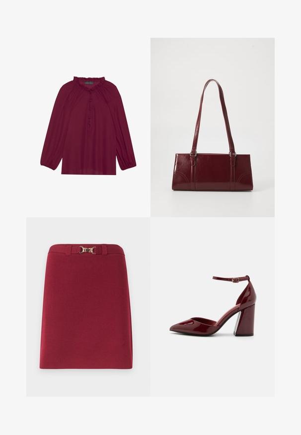 Blouse bordeaux avec de longues manches bouffantes, un col froncé et une fermeture à boutons. Tissu doux et léger avec une texture lisse.; Jupe bordeaux longueur genou avec passants de ceinture et détail boucle mors dorée à la taille.; Escarpin en cuir verni bordeaux à talon haut, avec un bout pointu, une bride de cheville et un talon épais. Texture lisse et design élégant.; Sac à main bordeaux en matériau brillant, de forme rectangulaire, avec deux anses et des accents légèrement courbés à l'avant.