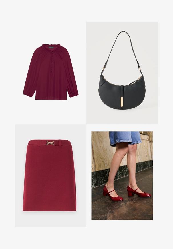 Blouse bordeaux avec de longues manches bouffantes, un col froncé et une fermeture à boutons. Tissu doux et léger avec une texture lisse.; Jupe bordeaux longueur genou avec passants de ceinture et détail boucle mors dorée à la taille.; Personne portant des escarpins blocs rouges brillants et une jupe en denim bleu, se tenant sur un sol carrelé sombre près d'un mur en marbre.; Sac à main noir en forme de croissant avec une bandoulière unique, une fermeture éclair dorée et une languette décorative rectangulaire dorée à l'avant.