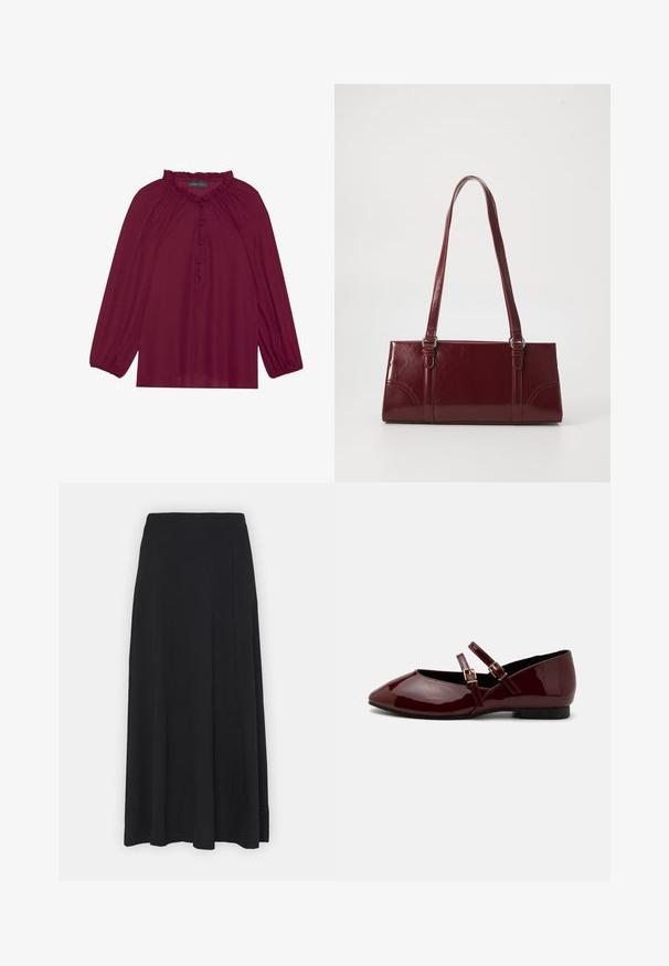 Blouse bordeaux avec de longues manches bouffantes, un col froncé et une fermeture à boutons. Tissu doux et léger avec une texture lisse.; Jupe maxi de couleur noire unie. Design évasé avec une texture lisse et une taille élastique. Aucune imprimé ni accent visible.; Anna Field by Zalando Babies - dark red; Sac à main bordeaux en matériau brillant, de forme rectangulaire, avec deux anses et des accents légèrement courbés à l'avant.