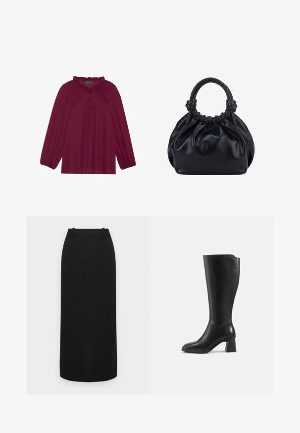 Bordeaux bluse med lange pufærmer, en flæset halsudskæring og knaplukning foran. Blødt, letvægtigt stof med en glat tekstur.; Sort blyantskørt med tætsiddende design, glat tekstur, længde til midt på læggen og en talje med bæltestropper. Ingen pynt.; Sort knæhøj læderstøvle med blokhæl og rundet tå, vist fra siden på en ensfarvet baggrund.; Sort blød læderhåndtaske med samlet top og to tykke håndtag bundet i knuder mod en ensfarvet lys baggrund.