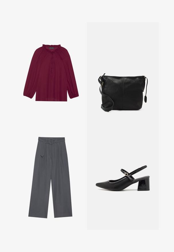 Blusa burdeos con mangas largas abullonadas, un escote con volantes y un cierre de botones en la parte delantera. Tejido suave y ligero con una textura lisa.; Pantalones de pierna ancha en tejido gris oscuro con cintura ceñida, que presentan pliegues frontales y una textura suave. Sin patrones ni acentos adicionales.; Tacones slingback de charol negro con punta afilada, un diseño de corte redondeado y tacón bloque. Incluye un detalle de hebilla en tono dorado.; Bolso cruzado de cuero negro con forma plana, acentos de hardware dorado y correa ajustable. Textura suave con detalles de costura mínimos.
