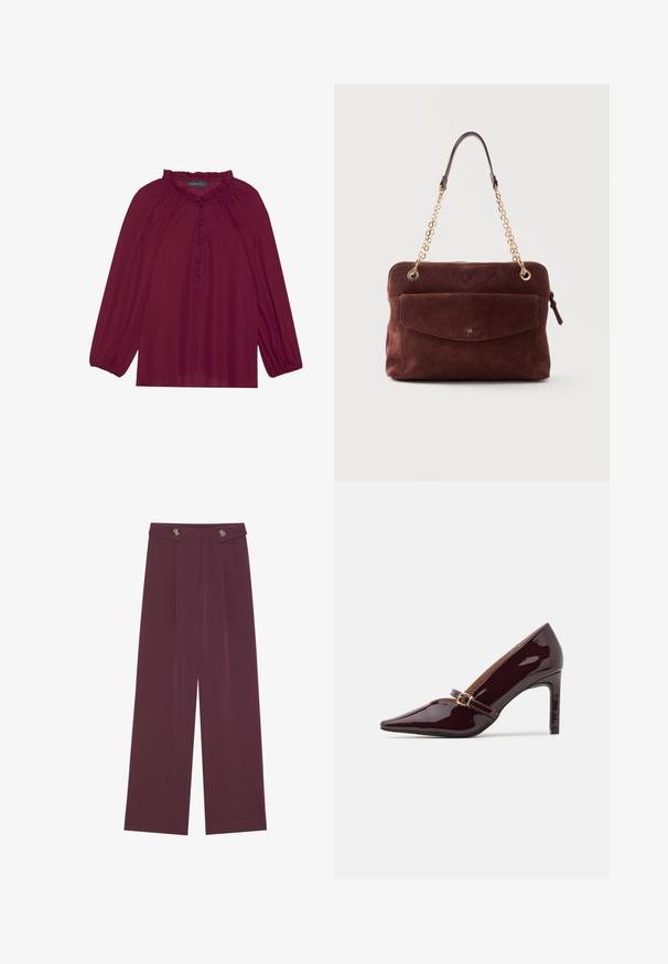 Blouse bordeaux avec de longues manches bouffantes, un col froncé et une fermeture à boutons. Tissu doux et léger avec une texture lisse.; Pantalons taille haute, jambes larges en prune profonde avec deux boutons à la taille et des poches latérales, présentés à plat sur un fond blanc.; Chaussure à talon aiguille bordeaux en patent avec un embout pointu, une bride de cheville comportant des accents en métal doré, et une finition lisse et brillante. Talon stiletto surélevé.; Sac à main en daim marron avec poche avant à rabat, anses chaîne dorée et fermeture éclair sur le dessus, présenté sur un fond blanc uni.