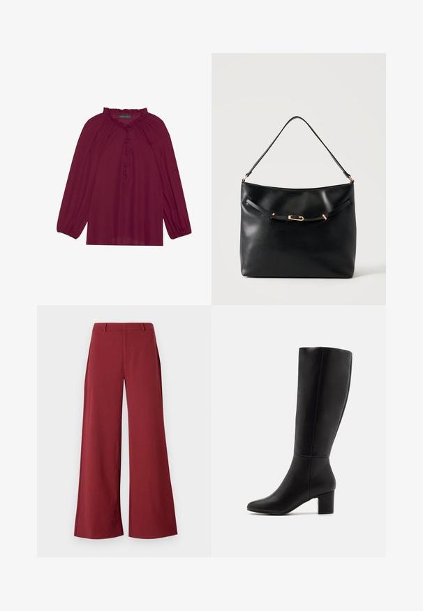 Bordeaux blouse met lange poefmouwen, een gerimpelde halslijn en een knoopsluiting aan de voorkant. Zachte, lichte stof met een gladde textuur.; Wijdvallende broek in een diepe bordeauxkleur. Gemaakt van een soepele, rekbare stof met op maat gemaakte naden en een rits aan de voorkant.; Anna Field by Zalando Laarzen - black; Zwarte leren schoudertas met een enkele band en een klein gouden gespsdetail aan de voorkant tegen een effen lichte achtergrond.