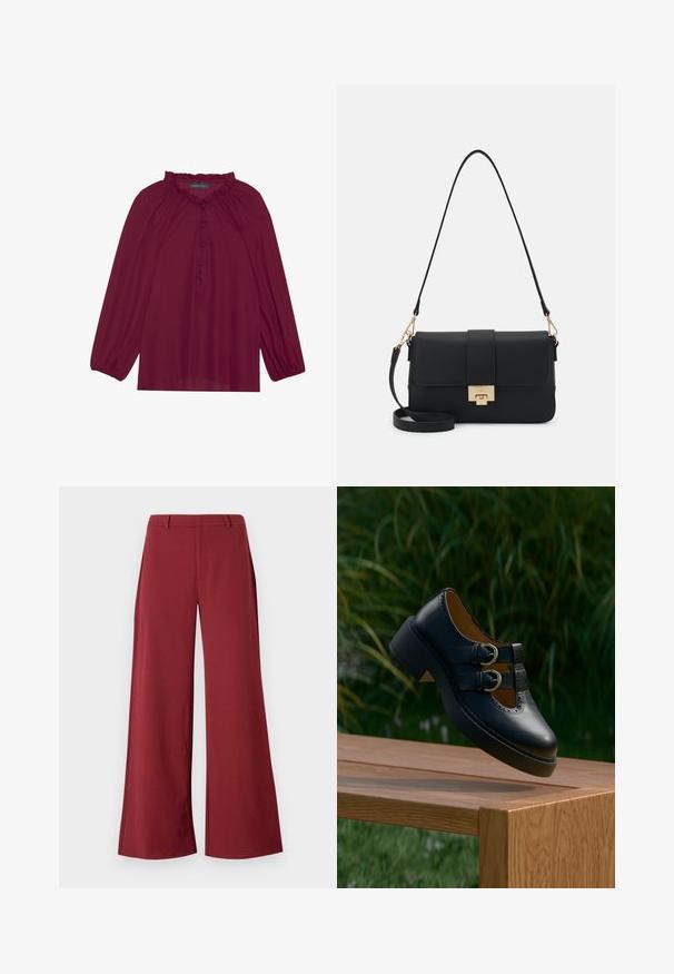 Bordeaux blouse met lange poefmouwen, een gerimpelde halslijn en een knoopsluiting aan de voorkant. Zachte, lichte stof met een gladde textuur.; Wijdvallende broek in een diepe bordeauxkleur. Gemaakt van een soepele, rekbare stof met op maat gemaakte naden en een rits aan de voorkant.; Zwarte leren schoen met dubbele gesp en geperforeerde details die boven een houten bankje buiten zweeft met groen gras en planten op de achtergrond.; Zwarte neplederen schoudertas met een rechthoekige vorm, gouden hardware, een magnetische sluiting en een afneembare schouderband. Geprofileerd oppervlak.