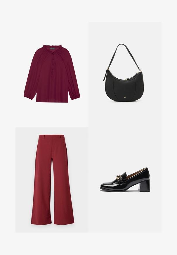 Bordeaux blouse met lange poefmouwen, een gerimpelde halslijn en een knoopsluiting aan de voorkant. Zachte, lichte stof met een gladde textuur.; Wijdvallende broek in een diepe bordeauxkleur. Gemaakt van een soepele, rekbare stof met op maat gemaakte naden en een rits aan de voorkant.; Zwarte gepatineerde leren instappers met hak, voorzien van een ronde neus, een chunkier hak en een gouden hardware accent op de voorband.; Zwarte leren handtas met een gebogen vorm, textuuroppervlak, voornaden en een logo in goudkleur. Beschikt over een enkele verstelbare schouderband.