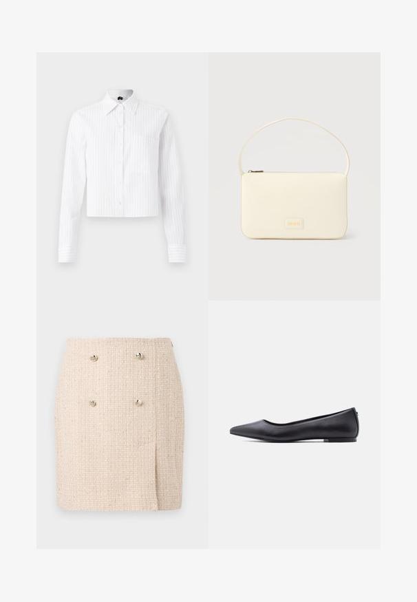 Hvid cropped button-up skjorte med lyseblå vertikale striber, lange ærmer, enkelt brystlomme og klassisk krave. Fabrik i bomuldsblanding.; Beige tekstureret nederdel med et vævet mønster, der har to markante sølvknapper foran og en let asymmetrisk kant.; Sort flad lædersko med spidst tåparti og lav hæl, vist i sideprofil mod en hvid baggrund.; Kremfarvet rektangulær håndtaske med en enkelt rem og lynlås øverst, med en lille præget logo-plakette foran.