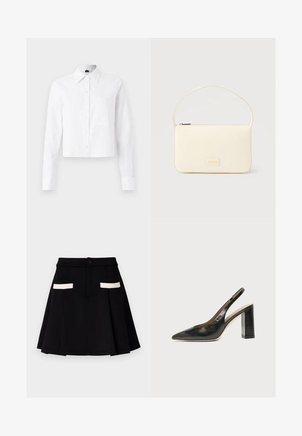 Hvid cropped button-up skjorte med lyseblå vertikale striber, lange ærmer, enkelt brystlomme og klassisk krave. Fabrik i bomuldsblanding.; Sort nederdel med en udsvinget design, der har to frontlommer med hvide detaljer, en knaplukning, og en glat stoftekstur.; Sort læder peep-toe slingback sko med høj blokhæl og beige indvendig foring mod en ensfarvet lys baggrund.; Kremfarvet rektangulær håndtaske med en enkelt rem og lynlås øverst, med en lille præget logo-plakette foran.
