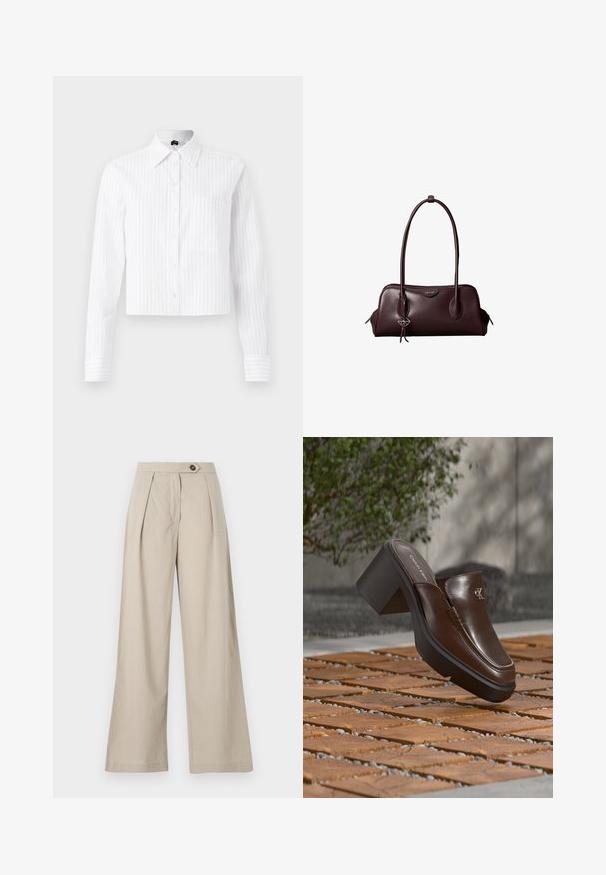 Witte cropped button-up shirt met lichtblauwe verticale strepen, lange mouwen, één borstzak en klassieke kraag. Katoenmix stof.; Beige wijde broek met een hoge taille, voorzien van plooien, een enkele knoopsluiting en een soepele stofstructuur.; Bruine leren Calvin Klein mule met hak die boven houten tegelvloer zweeft met een vervaagde groene plant en muur op de achtergrond.; Donkerbruine leren Calvin Klein handtas met lange dubbele handvatten en een kleine logo-sierhanger die aan één handvat hangt.