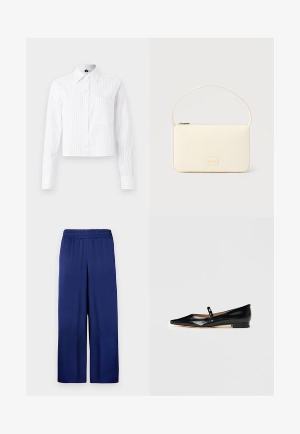 Hvid cropped button-up skjorte med lyseblå vertikale striber, lange ærmer, enkelt brystlomme og klassisk krave. Fabrik i bomuldsblanding.; Marineblå buks med bred ben, med elastisk talje, lavet af glat stof, der har et enkelt og funktionelt design uden synlige mønstre.; Sorte patenterede læder Mary Jane flade sko med spids tå, én rem og lav hæl på ensfarvet baggrund.; Kremfarvet rektangulær håndtaske med en enkelt rem og lynlås øverst, med en lille præget logo-plakette foran.