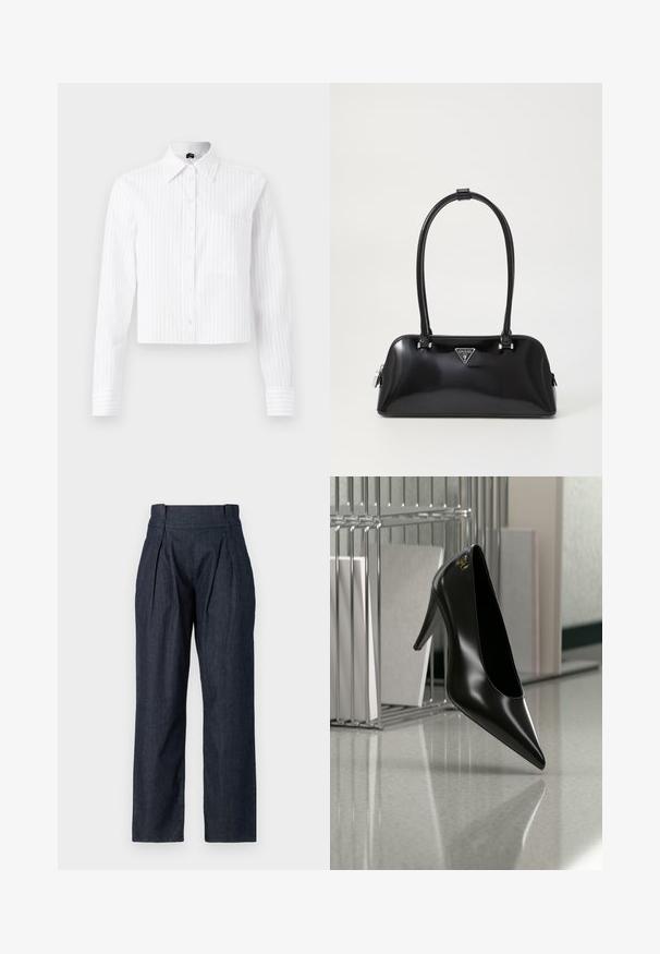 Witte cropped button-up shirt met lichtblauwe verticale strepen, lange mouwen, één borstzak en klassieke kraag. Katoenmix stof.; Donkerdenim broek met een hoge taille, wijduitlopend silhouet, plooien aan de voorkant en een gladde textuur. Bevat riemlussen en heeft geen zichtbare hardware.; Zwart hooggehakt schoen met puntige neus en gouden logo, geplaatst op een reflecterend oppervlak naast een verchroomde draadordner met documenten.; Zwarte glanzende handtas met een gebogen silhouet, twee handvatten en een logo plaatje aan de voorkant. Ritssluiting en glanzende hardware accenten.