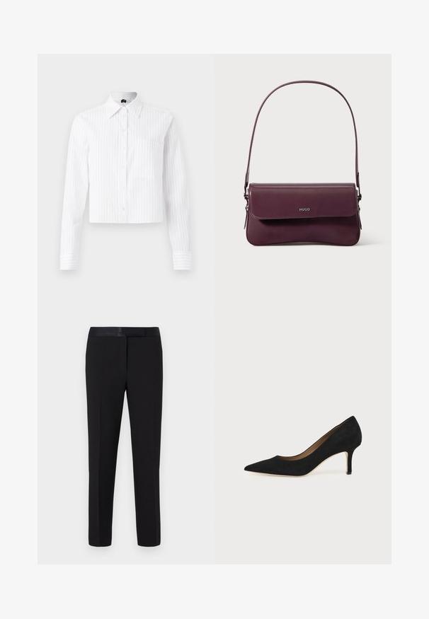 Hvid cropped button-up skjorte med lyseblå vertikale striber, lange ærmer, enkelt brystlomme og klassisk krave. Fabrik i bomuldsblanding.; Sorte bukser med en glat tekstur, lige snit og en satinlinning. Har minimal detaljering og ingen synlige mønstre eller accenter.; Sort ruskind spids tå højhælet pumpe med en slank mellemhøj stilethæl og et lavt snit på en ensfarvet baggrund.; Bordeauxfarvet lædertaske med et struktureret design, der har en klaplukning og en justerbar rem. Logo detaljer præget på forsiden.