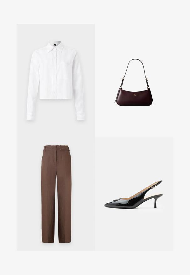 Hvid cropped button-up skjorte med lyseblå vertikale striber, lange ærmer, enkelt brystlomme og klassisk krave. Fabrik i bomuldsblanding.; Brune, højtaljede bukser med en frynset talje, lige skæring og en subtil glans. Har bæltestropper og et strømlinet, skræddersyet look.; Sort patentlæder slingback hæl med spids tå, lille kitten hæl og sølvspænde på en ensartet hvid baggrund.; Mørk bordeaux læderhåndtaske med en tynd sort skulderrem og lille gyldent "cK" logo foran i midten.